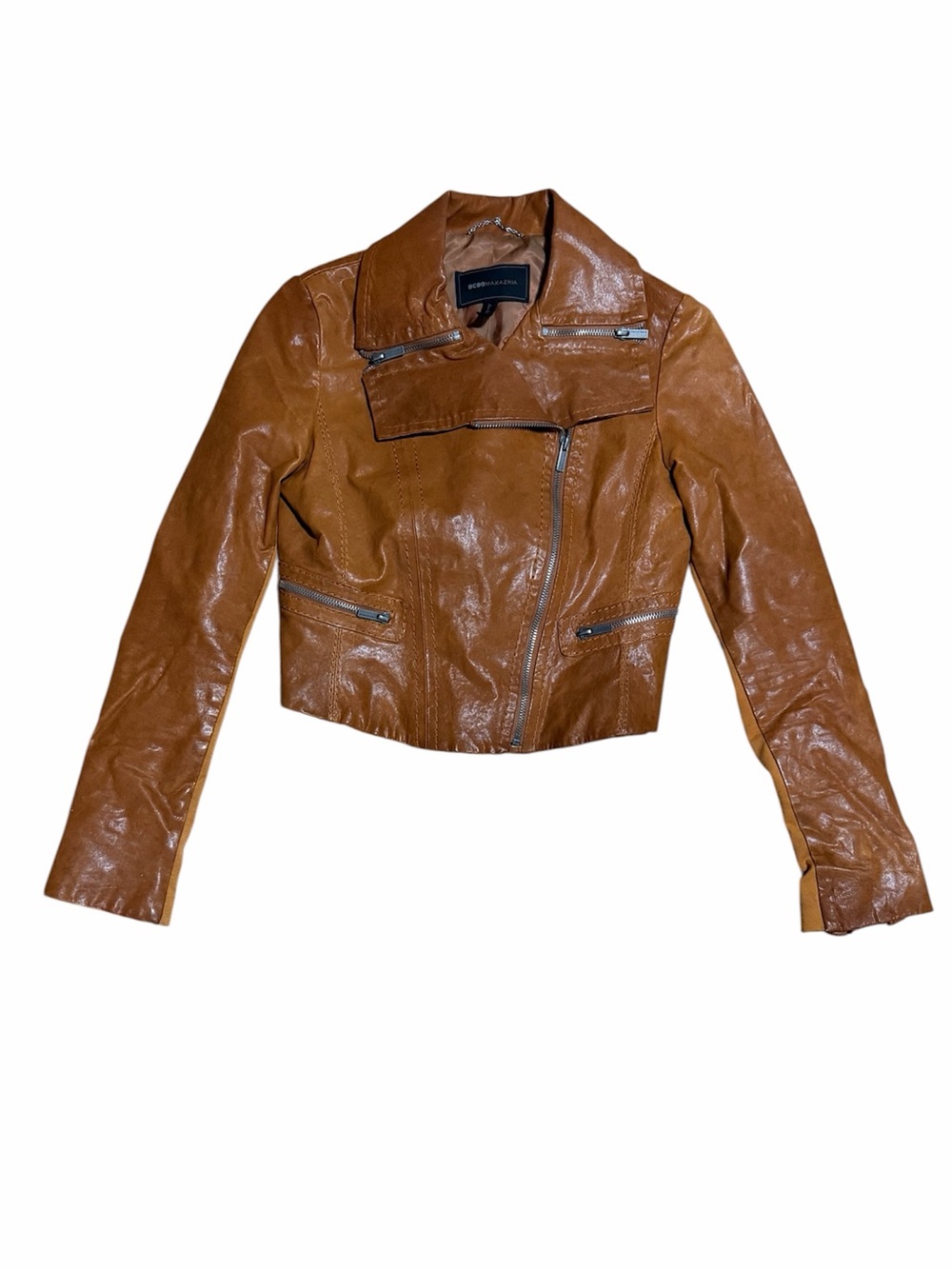 BCBGMAXAZRIA Pumpkin Tan Leather Moto Jacket Stretch Panels XS LZS8B526